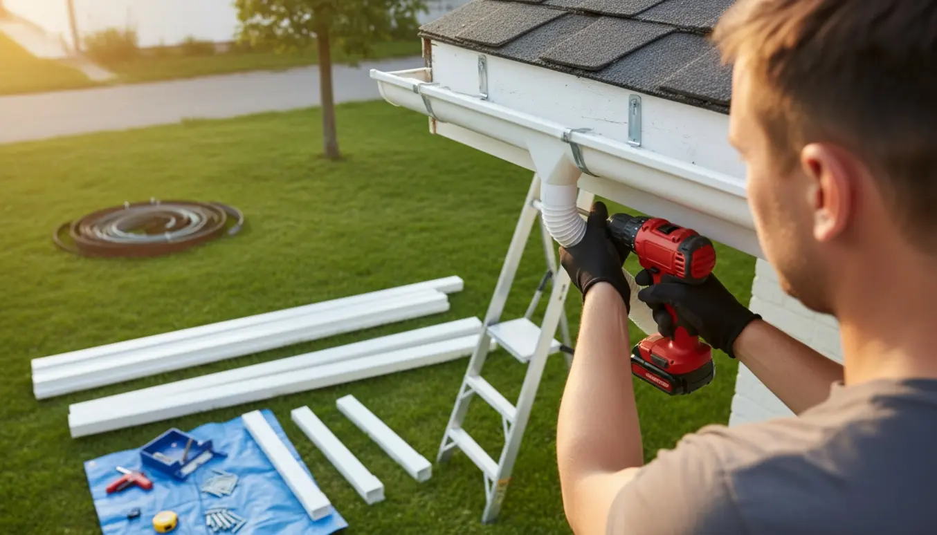 Håndværker på stige fastgør nye plasttagrendesektioner med værktøj og fire nedløbsrør klar.