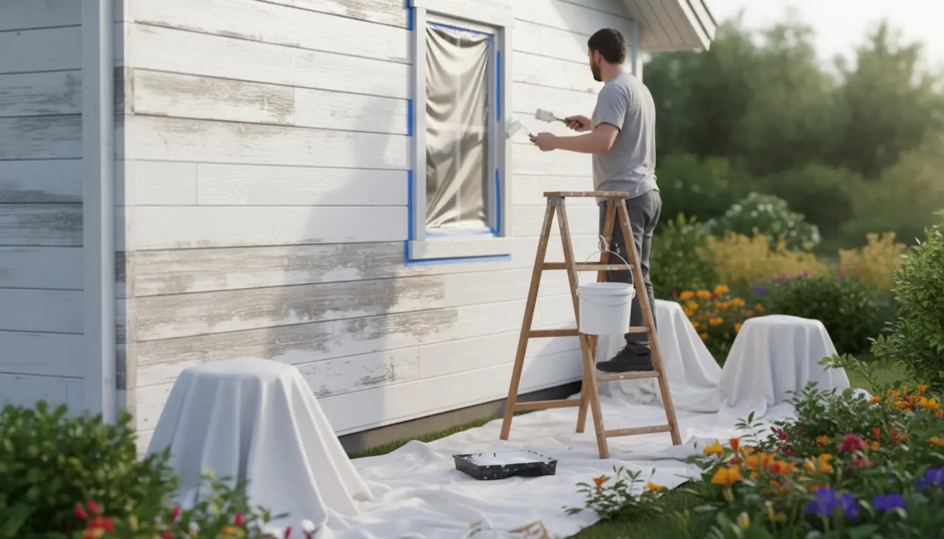 Udvendig maling af et lille sommerhus med en maler på stige, der ruller frisk hvid maling på træbeklædningen.