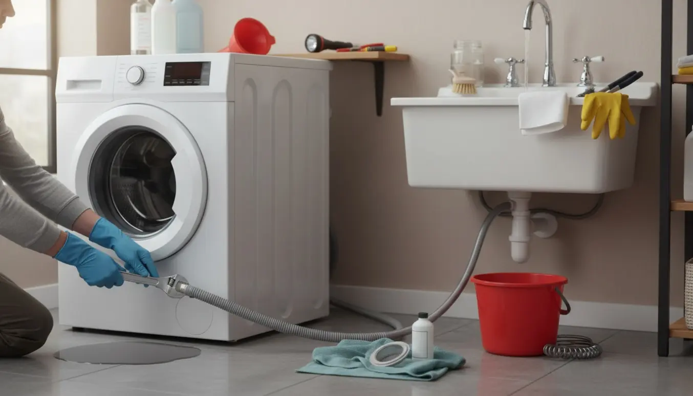 Handskerede hænder skruer på afløbsslangen under en vaskemaskine, mens to vandhaner bliver afkalket.