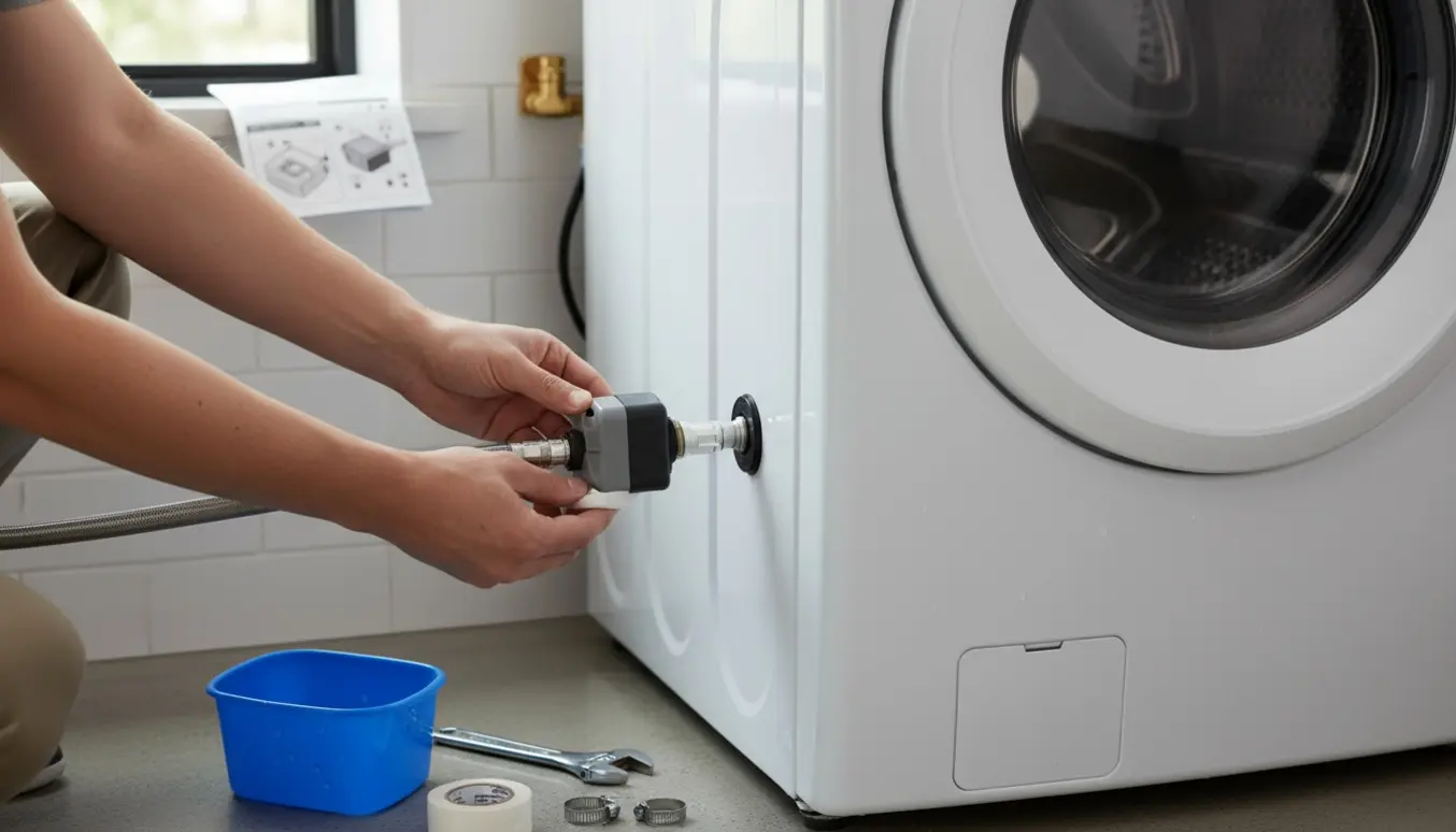 Hænder monterer en waterblock på vandtilslutningen bag en vaskemaskine i et lyst vaskerum.