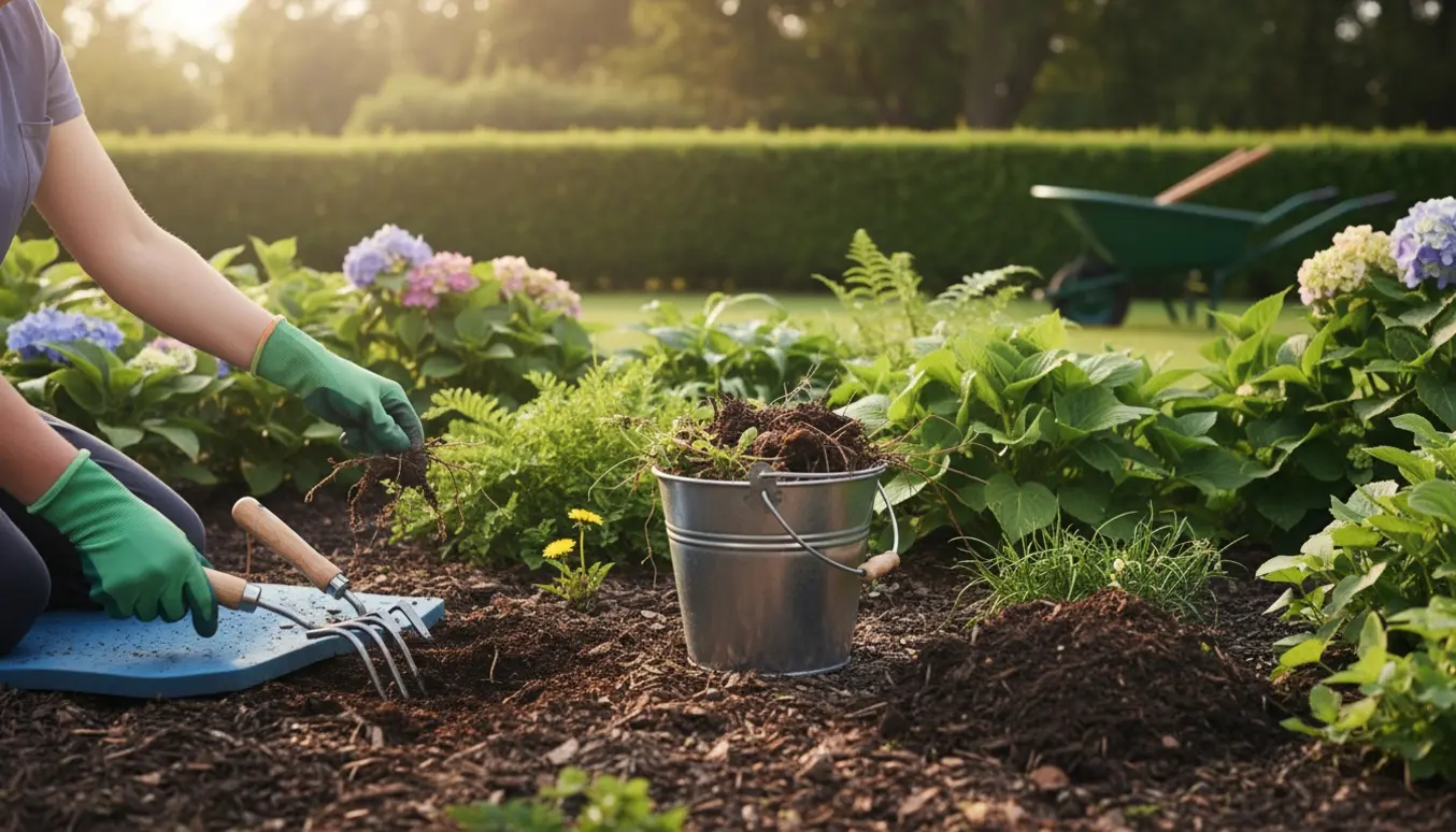 Handskerede hænder fjerner ukrudt i et blomsterbed ved en trimmet hæk i blødt morgenlys.