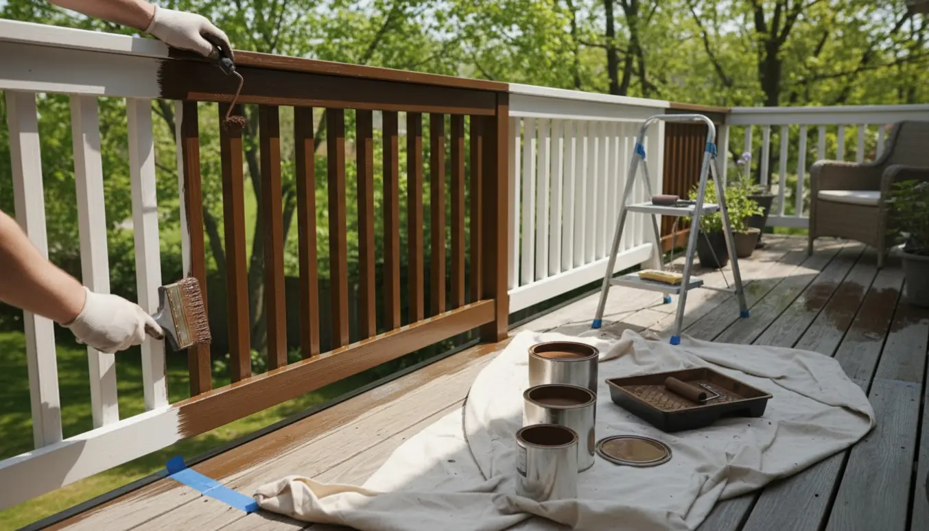 Hænder maler udendørstræværk på terrasse og altan med pensel og malerulle.