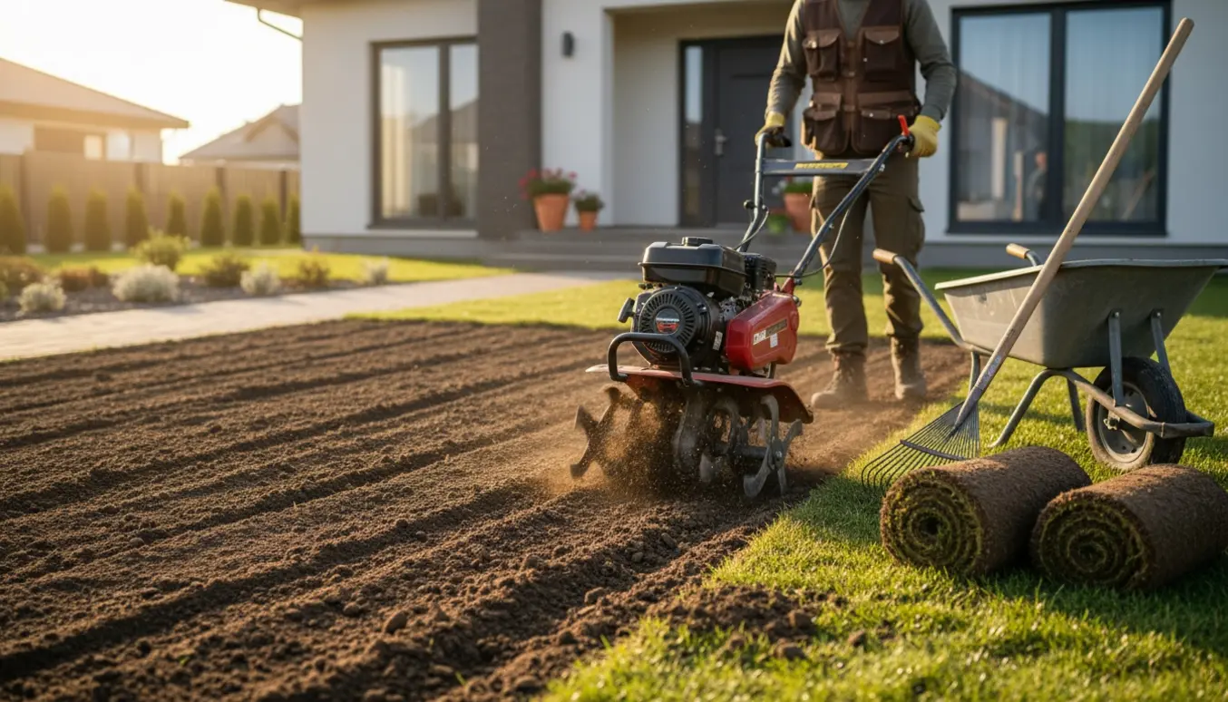 En havefræser bearbejder nøgen jord i en forhave, klar til udlægning af rullegræs.