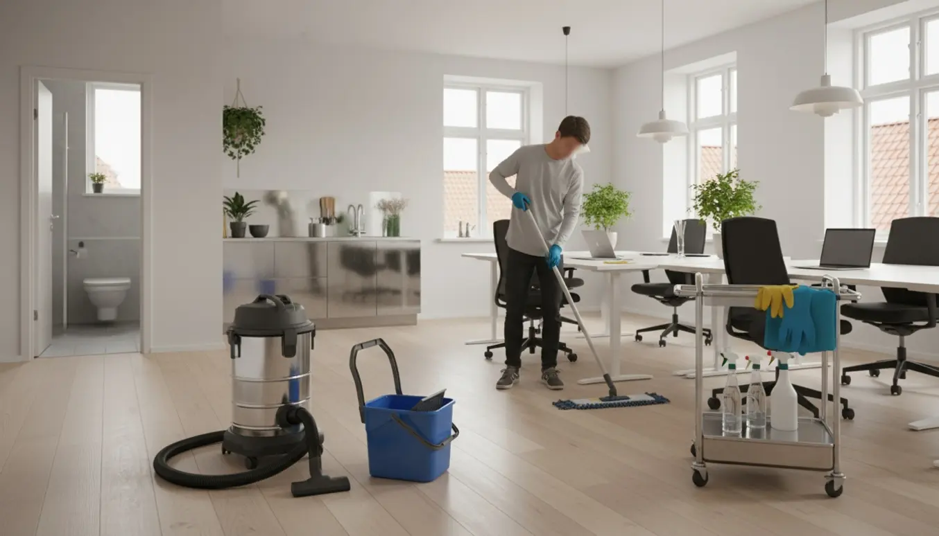 Rengøringsperson vasker gulvet i et lyst skandinavisk kontor med rengøringsudstyr og kig til Københavns tage.