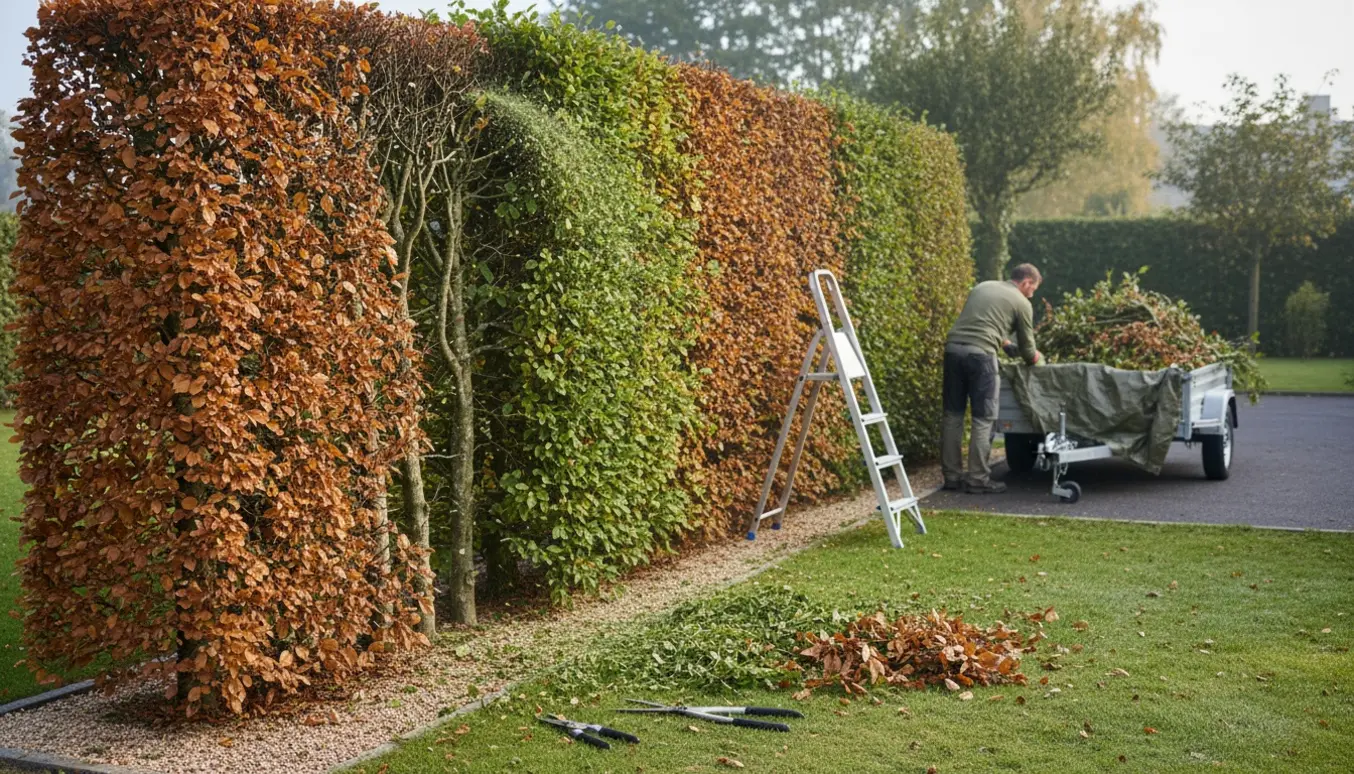 Beskæring af en høj bøgehæk med afklippede grene læsset i en trailer.