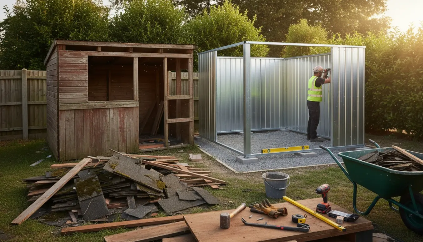 Delvist nedrevet træskur ved siden af et metalskur under opbygning med værktøj og byggematerialer i forgrunden.