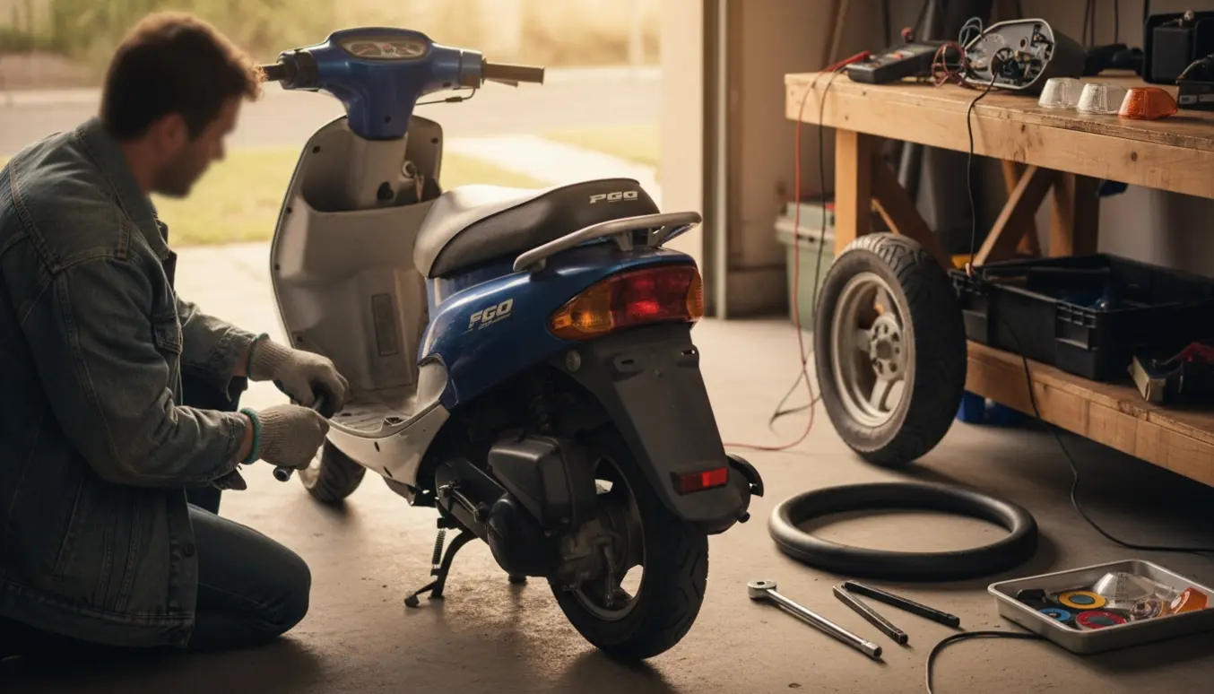 En person reparerer en knallert med afmonteret baghjul, speedometerdele og blinklysdele på et lyst værksted.