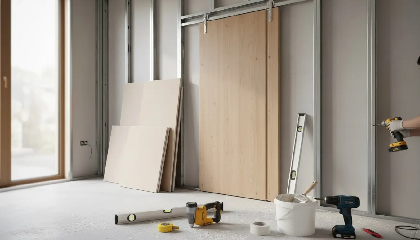 To gipsvægge under opsætning med en monteret skydedør og byggeværktøj i et lyst rum.