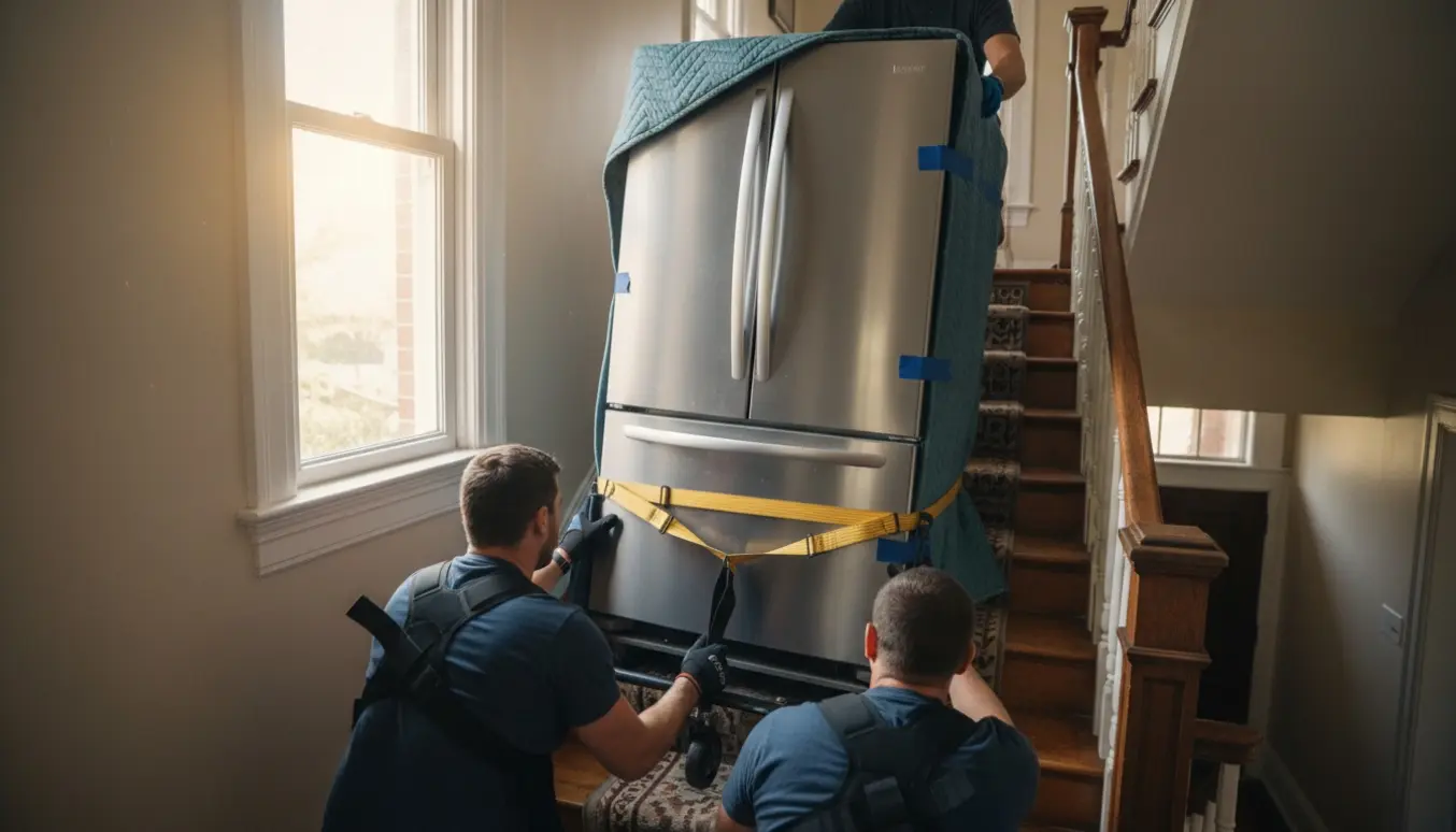 Et rustfrit fransk-dørskab bæres op ad en trappe af flyttefolk med dolly og beskyttelsestæpper, uden klare ansigter.