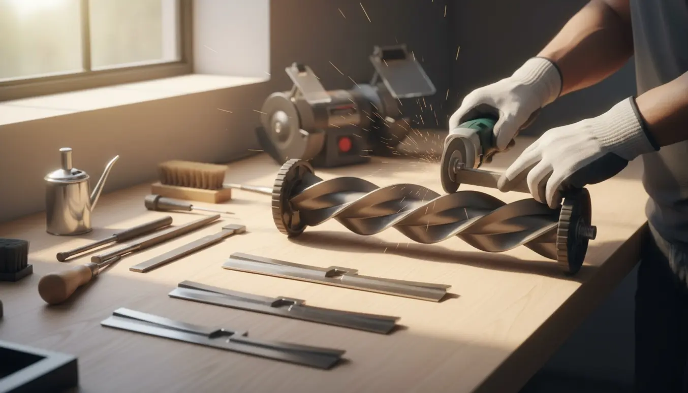 Nærbillede af en cylinderklippers skærehjul på et værksted, hvor bladene slibes med fil og slibeværktøj.