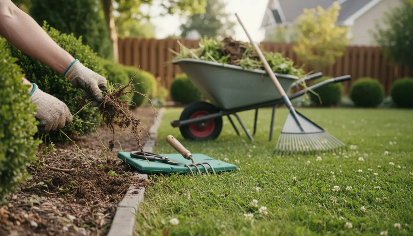 Hænder i handsker fjerner ukrudt i en mindre have, med trillebør og redskaber i baggrunden.