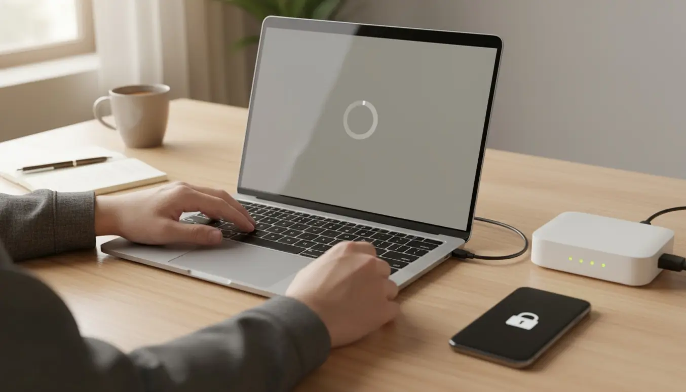Nærbillede af en bærbar og hænder, der genstarter og fejlsøger browser/internet med router og telefon på et hjemmebord.
