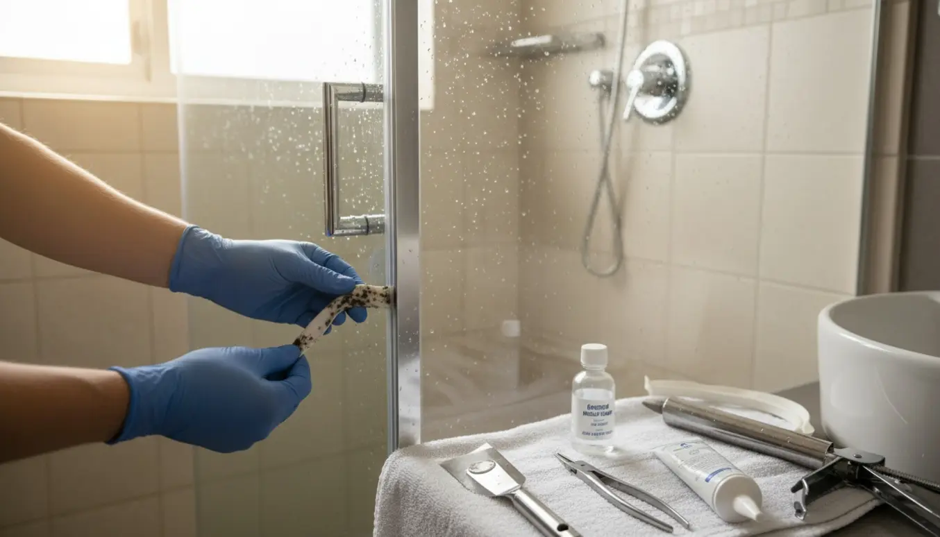 Nærbillede af handsker, der trækker en muggen gummifuge ud af et bruseområde med værktøj og en ny fuge klar ved siden af.