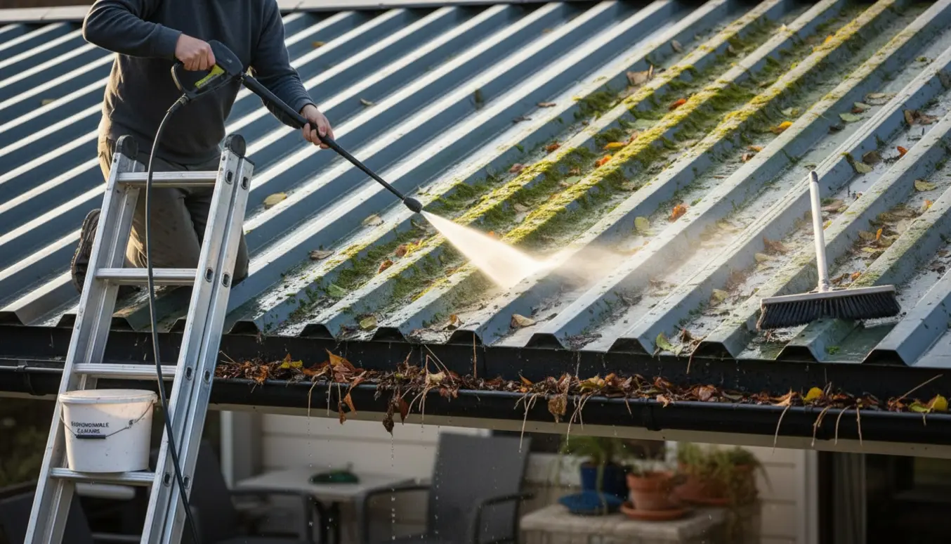Rengøring af terrassetag i trapezplader med højtryksrens og fjernelse af alger og blade.