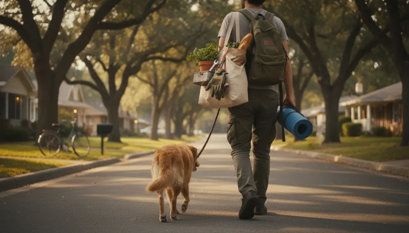 Person set bagfra går tur med en hund og bærer en fyldt taske med værktøj, dagligvarer og planter.