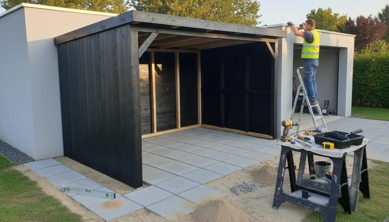 Sortmalet cykelskur bygget op mod en garage med ny bund af 40x40 cm fliser og byggeværktøj i forgrunden.