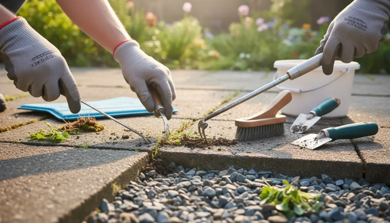 Hænder fjerner ukrudt mellem fliser og i et område med småsten med håndskraber og kost.