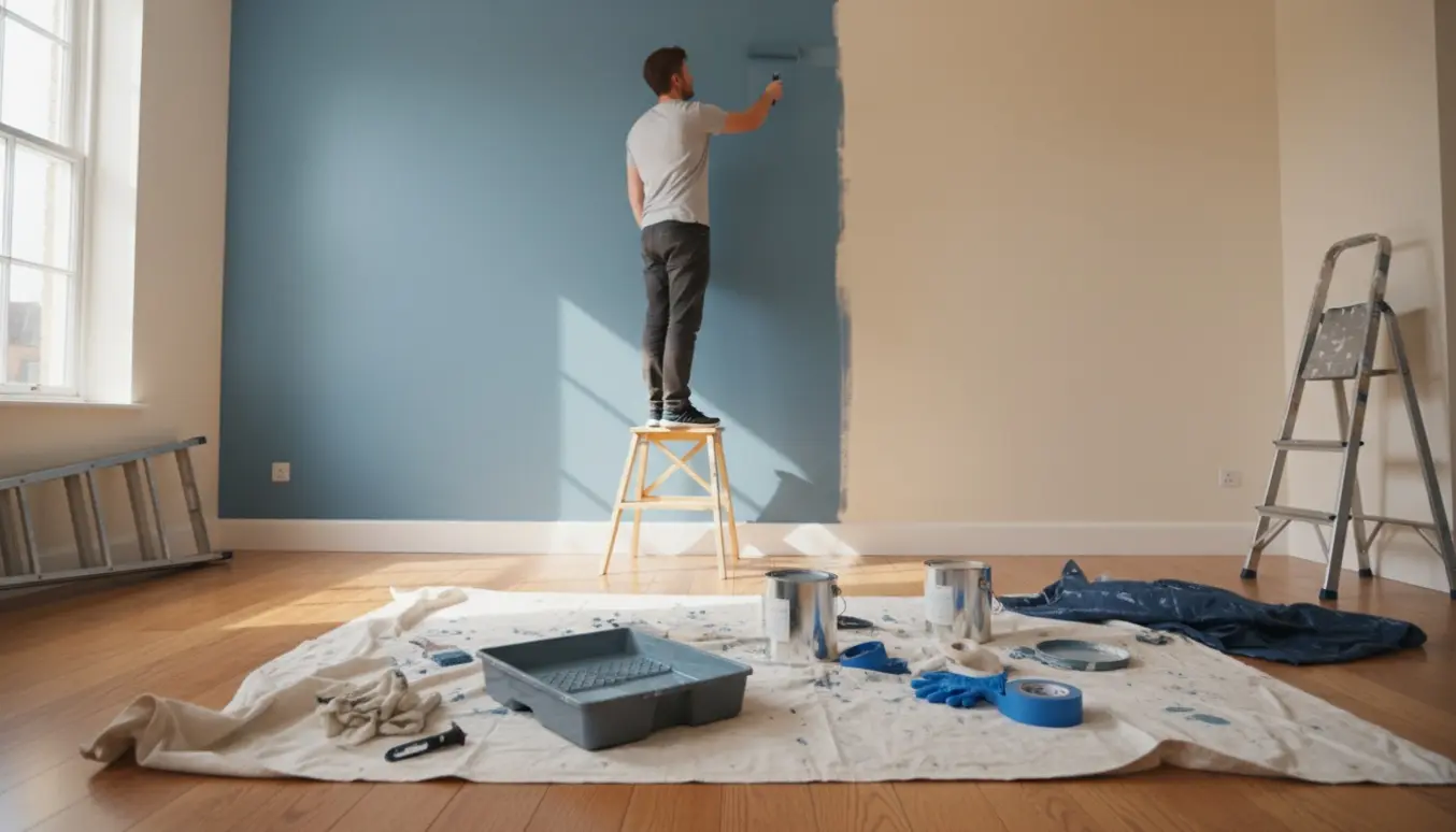 Halvt malet værelse med maler på stige, malerrulle, spande og andet maleudstyr i blødt dagslys.