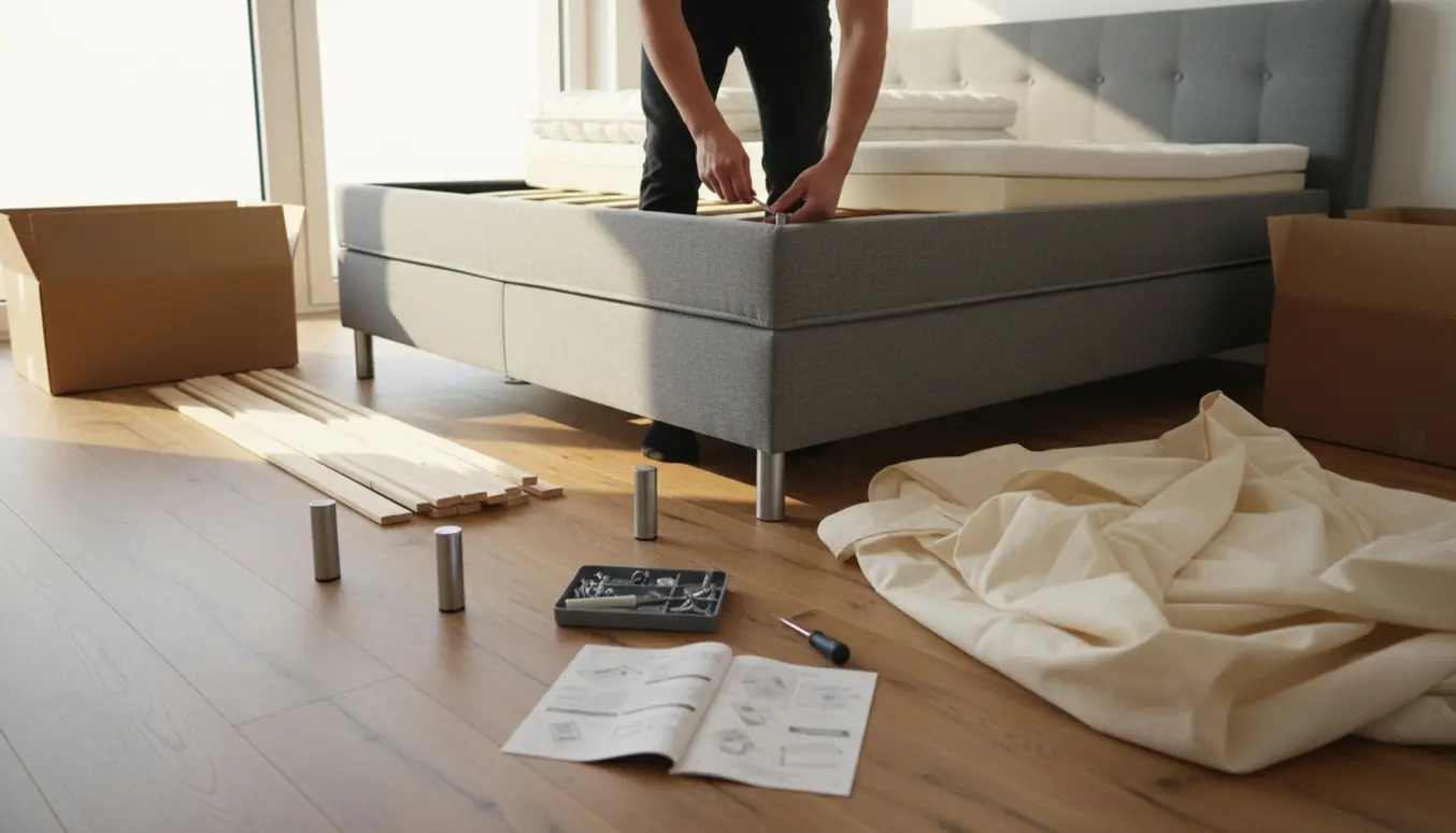 Delvist samlet grå kontinentalseng i lyst soveværelse med værktøj og hænder, der spænder skruer.