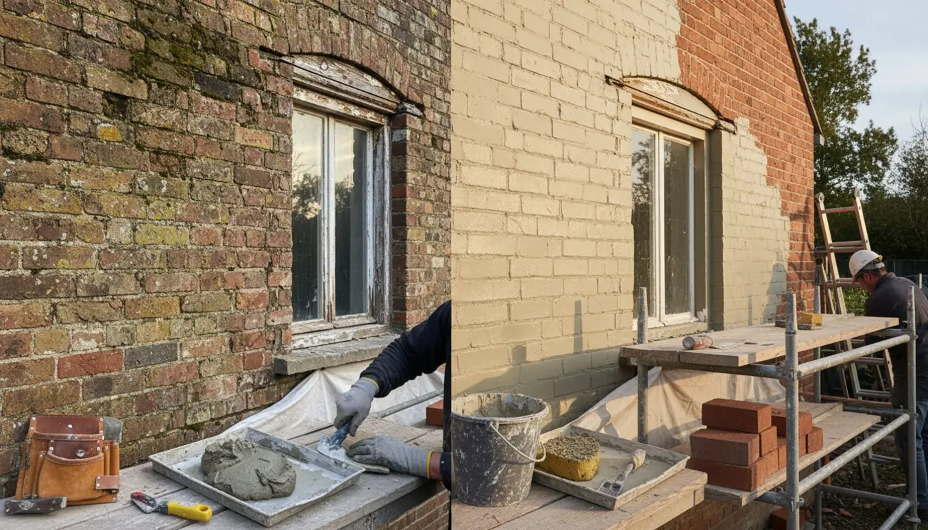 Murværk og kvist under reparation med murerhænder, værktøj og stillads i naturligt lys.