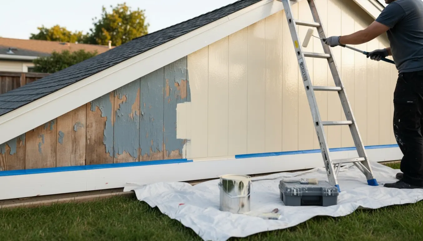 En person maler husgavlen med en rulle, hvor frisk maling dækker gammel, afskallet træ.