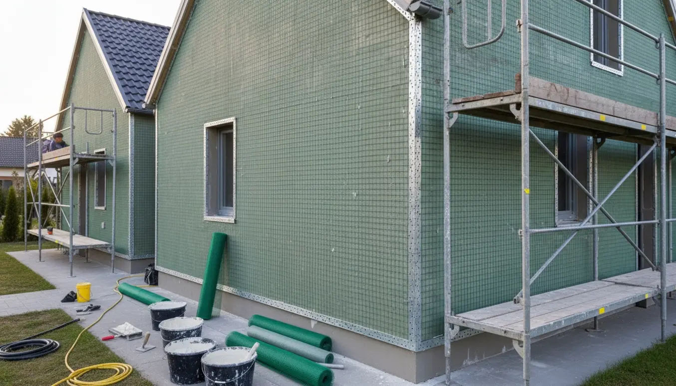 Tre facader klar til netpudsning med monteret armeringsnet, hjørneprofiler, stillads og materialer.