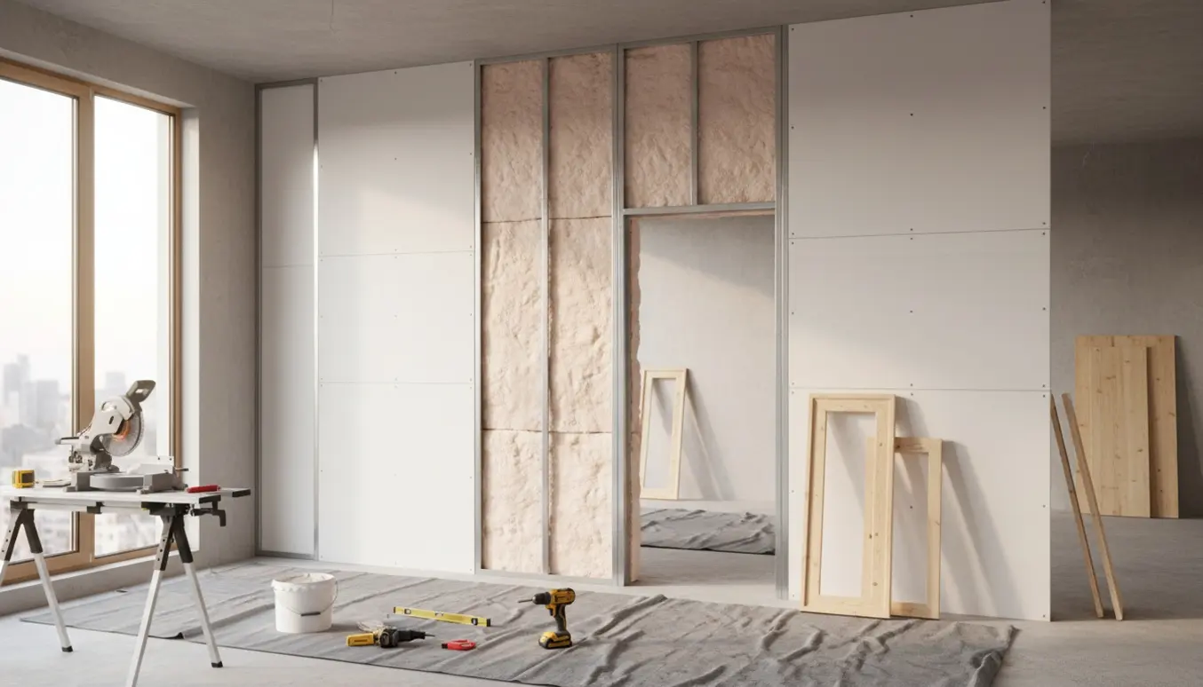 Partielt opført skillevæg med 70 mm isolering, dobbelte gipsplader og en døråbning uden bundstykke.