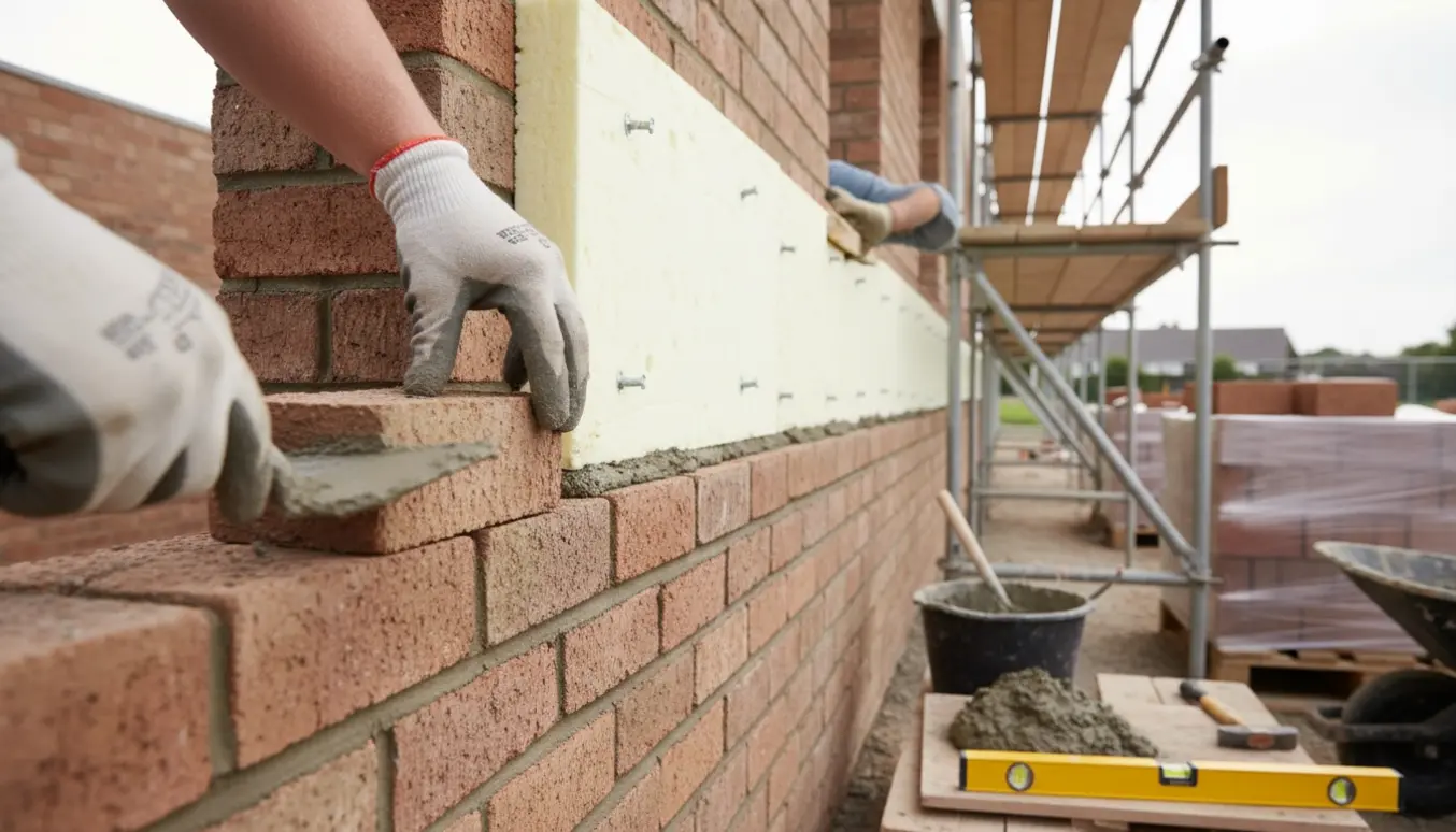 Gavl under opmuring på stillads med mursten og isoleringsplader, håndværkerens hænder arbejder med mørtel.