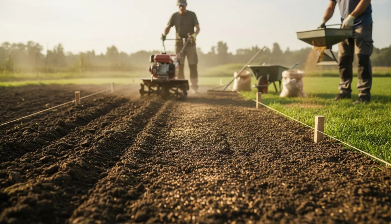 Fræset jord og en person set bagfra, der sår nyt græs på et stort haveareal.