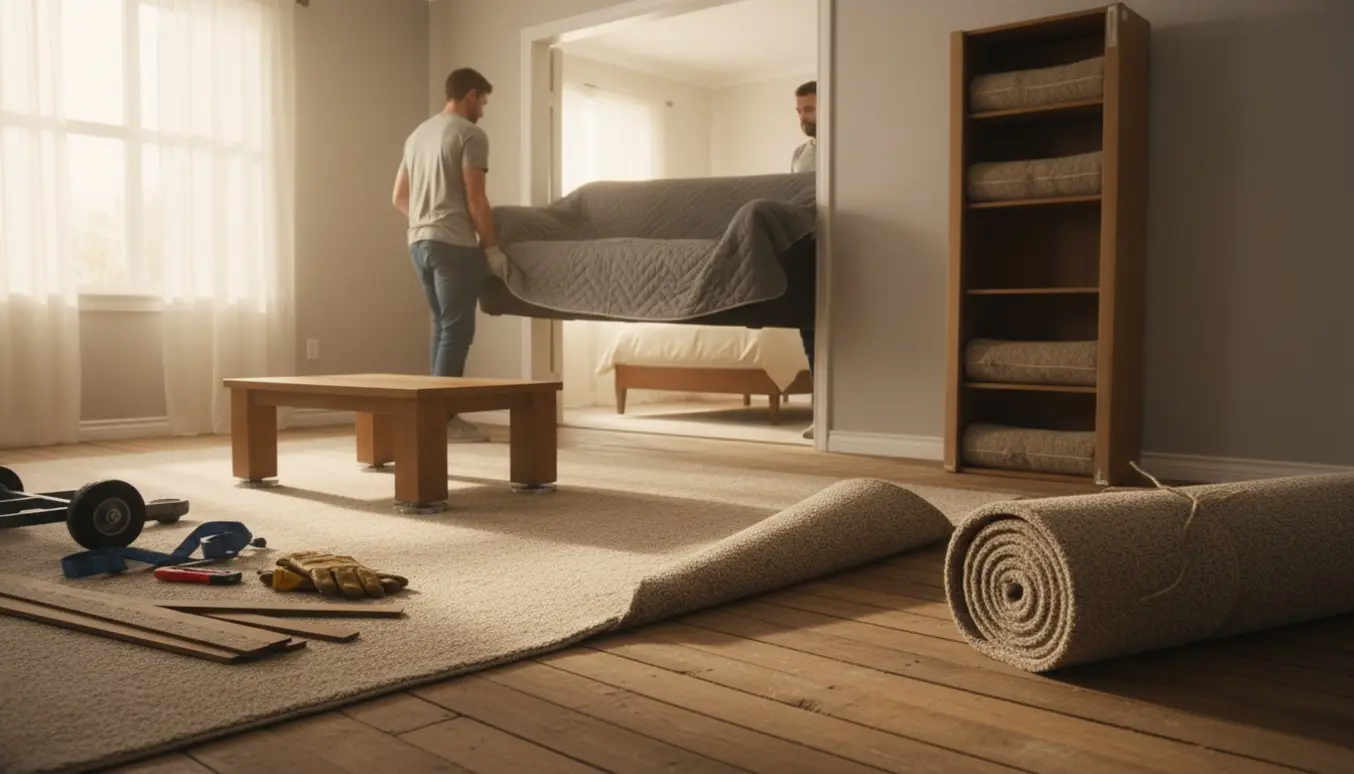 Stue under flytning med gulvtæppe trukket op og sofa samt sofabord på vej ind i soveværelset.