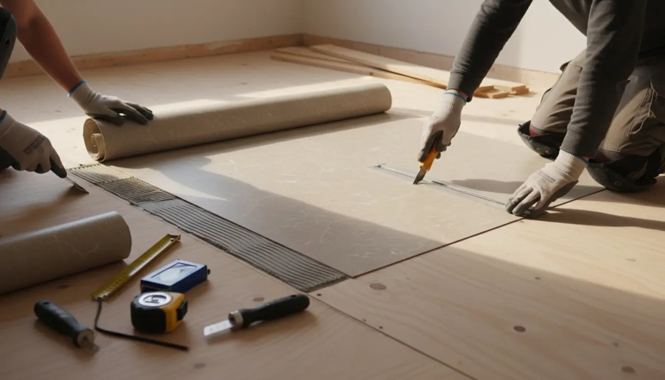 Linoleum rulles ud og skæres til i et lille rum med værktøj og hænder i arbejdet.