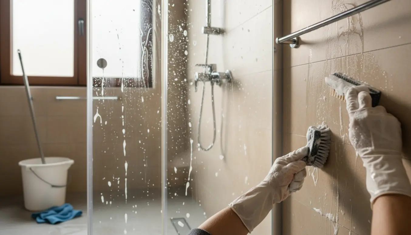 Hænder i gule handsker rengør fliser og bruseglas i et lyst badeværelse.
