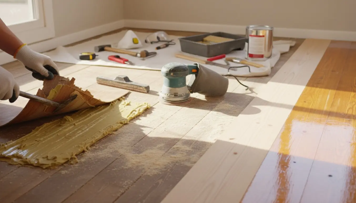 Hænder fjerner gammelt gulv, med slebet og delvist lakeret trægulv i et solbeskinnet rum.