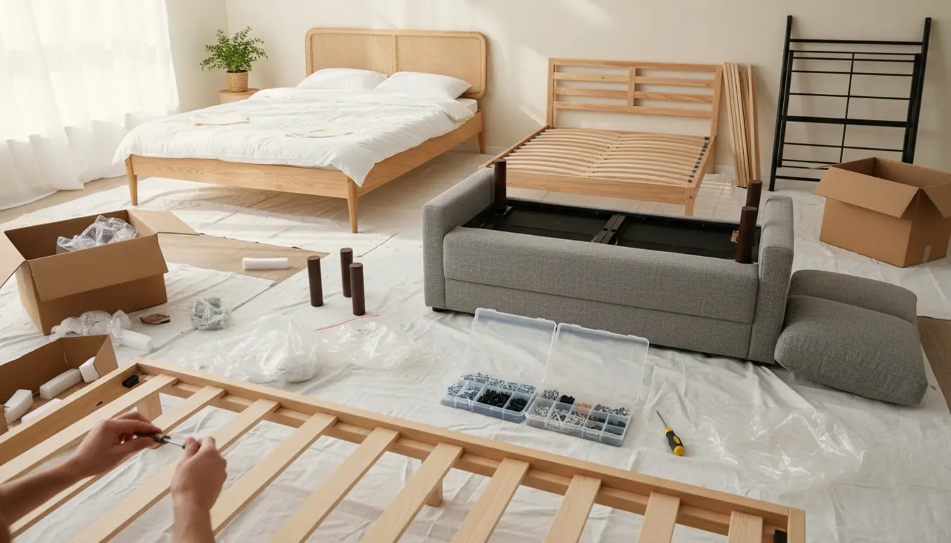 Hænder samler flade pakker: tre senge og en sofa i en lys stue med værktøj og emballage.