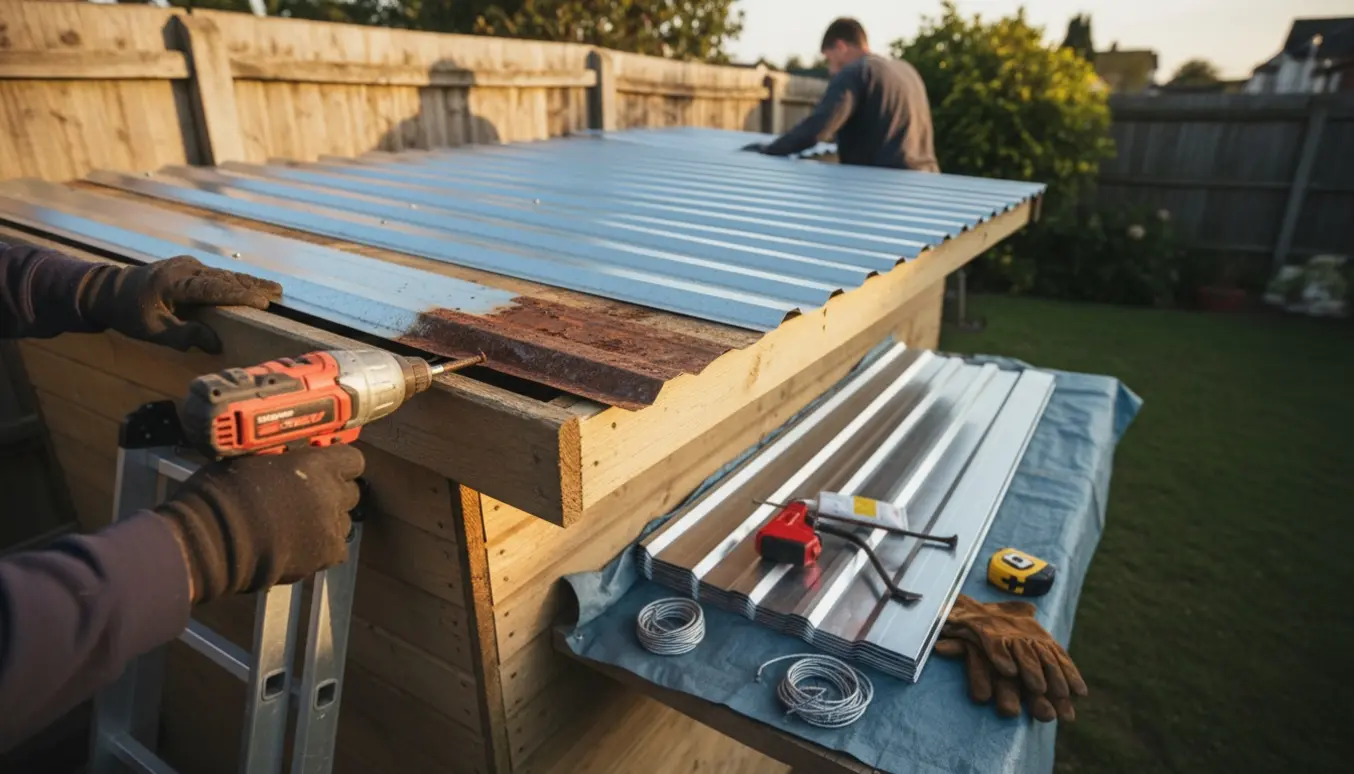 Udskiftning af trapezplader på et lille skur med nye plader stablet og gamle plader fjernet.