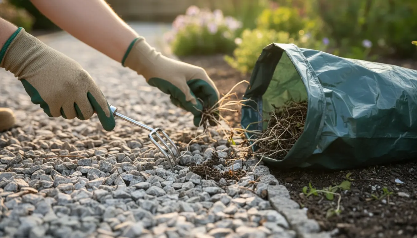 Nærbillede af handskerede hænder, der fjerner ukrudt mellem granitskærver og lægger det i en åben haveaffaldssæk.
