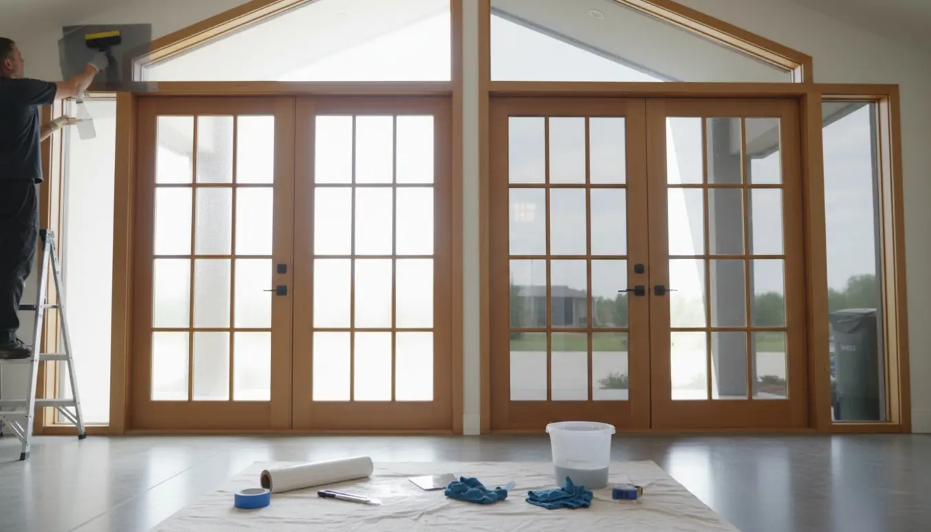 Installatør glatter solfilm på døre og trekantede vinduer med værktøj og synlig før-og-efter-effekt.