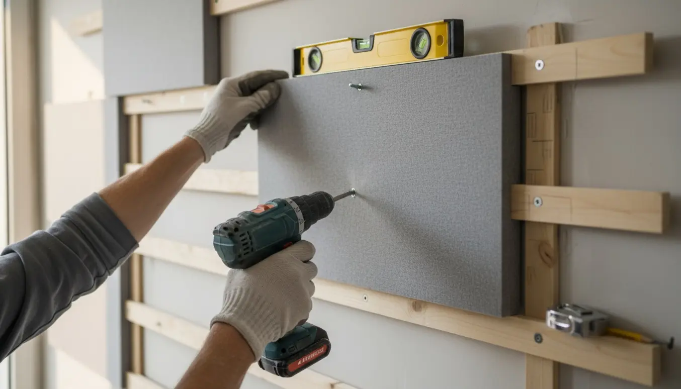 Installation af akustikpaneler monteret vandret på en gipsvæg, vist med hænder, skruemaskine og vandret lægte.