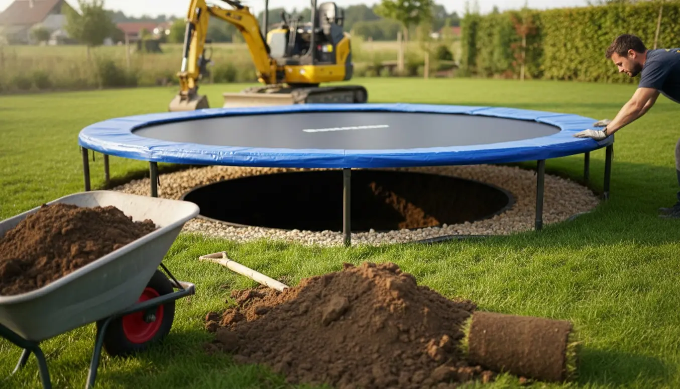 En rund trampolin nedgravet i græsplænen med jordbunker, trillebør og skovl.