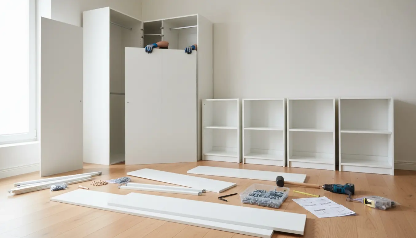 Delvist samlet hvid hjørnegarderobe og tre hvide reoler på gulvet med værktøj omkring.