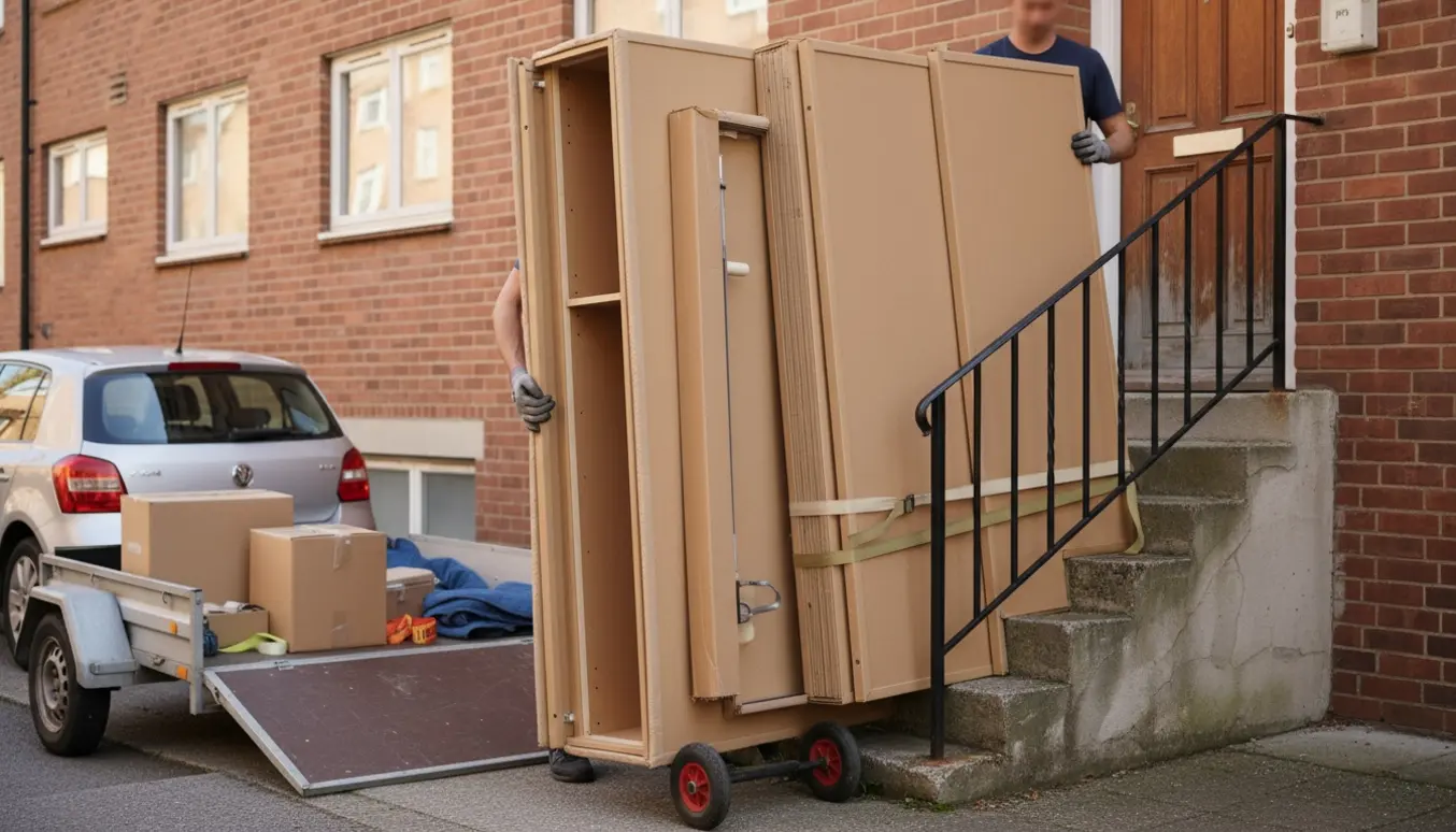 To personer bærer flade skabspaneler op ad ydre trapper til en lejlighed, med en åben trailer parkeret nedenfor.