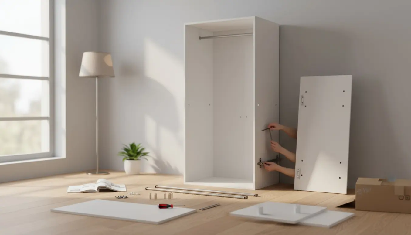 Hænder samler et modulært garderobeskab med skruer og værktøj på et lyst trægulv.
