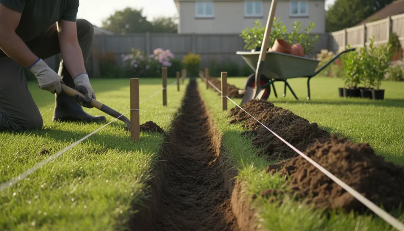 Havegraver set bagfra graver en smal rende med skovl, jordbunker og plantepotter klar til hæk.