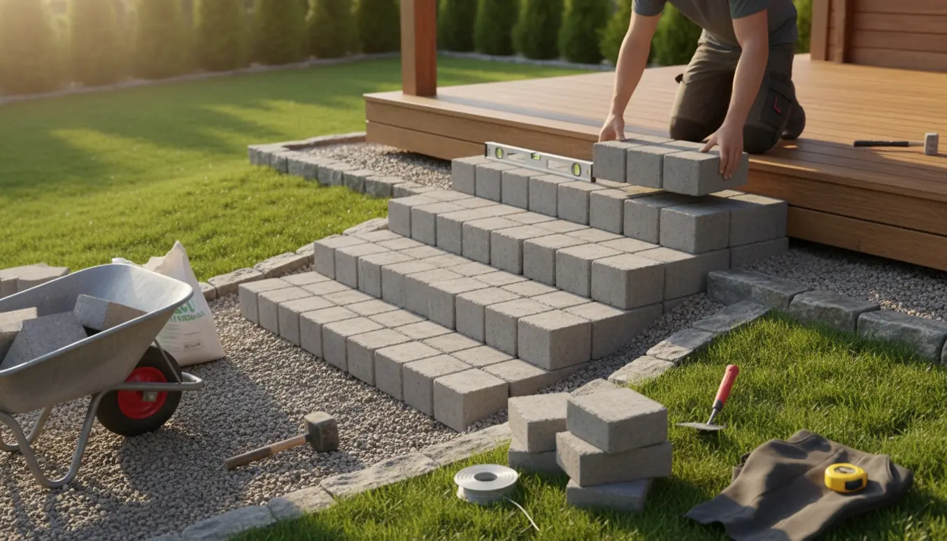 Udendørs trappe i betonsten under opbygning med værktøj og materialer klar.