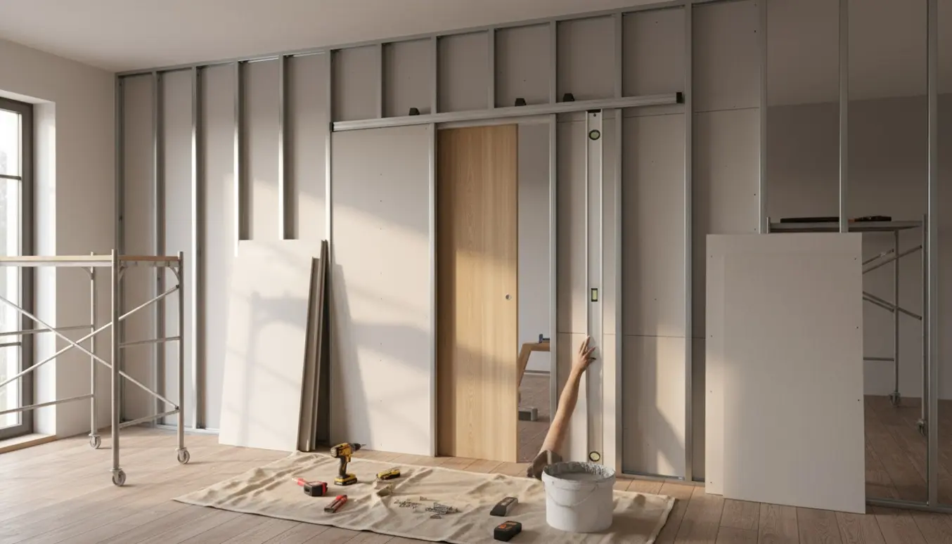 Halvfærdig gipsvæg med skydedør og værktøj i et oplyst indendørs renoveringsprojekt.