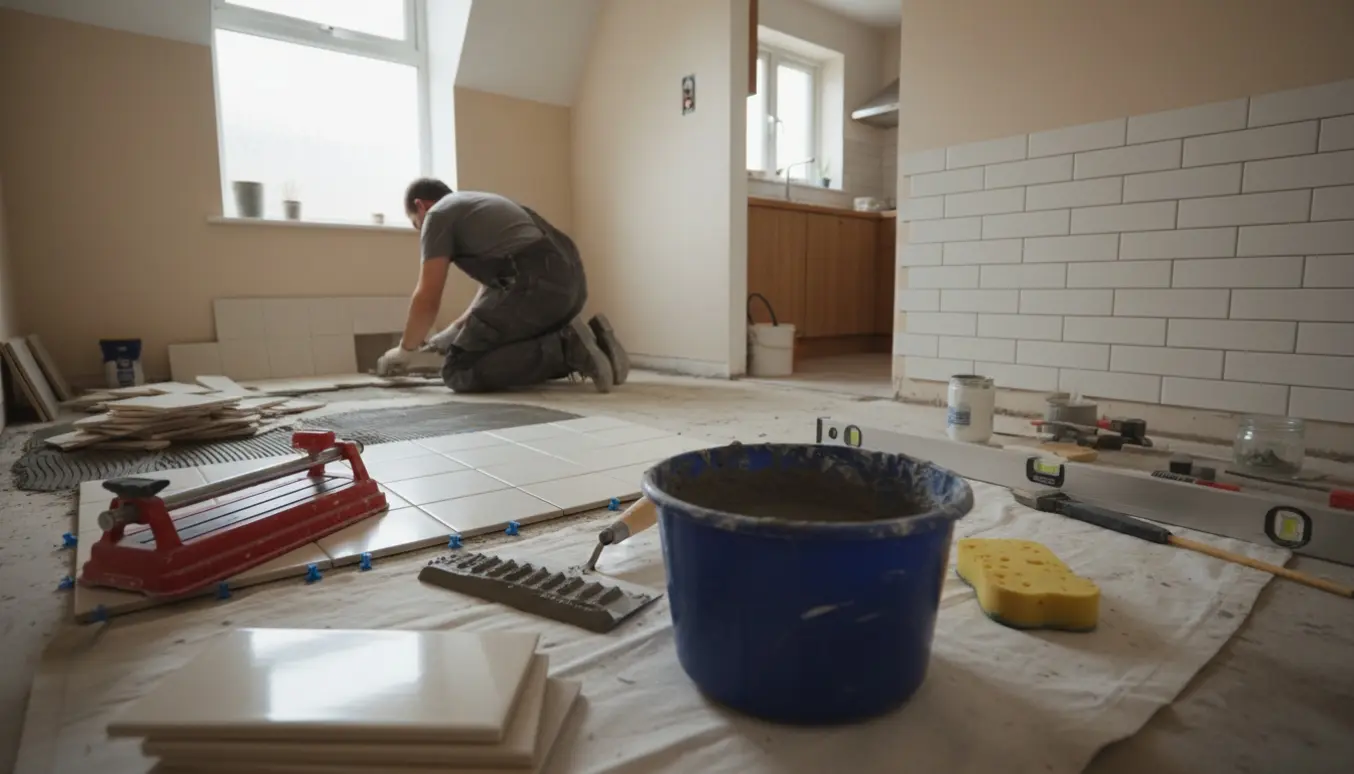 Håndværker fjerner gulvfliser i et lille badeværelse, mens nye køkkenvægfliser er delvist sat op i baggrunden.