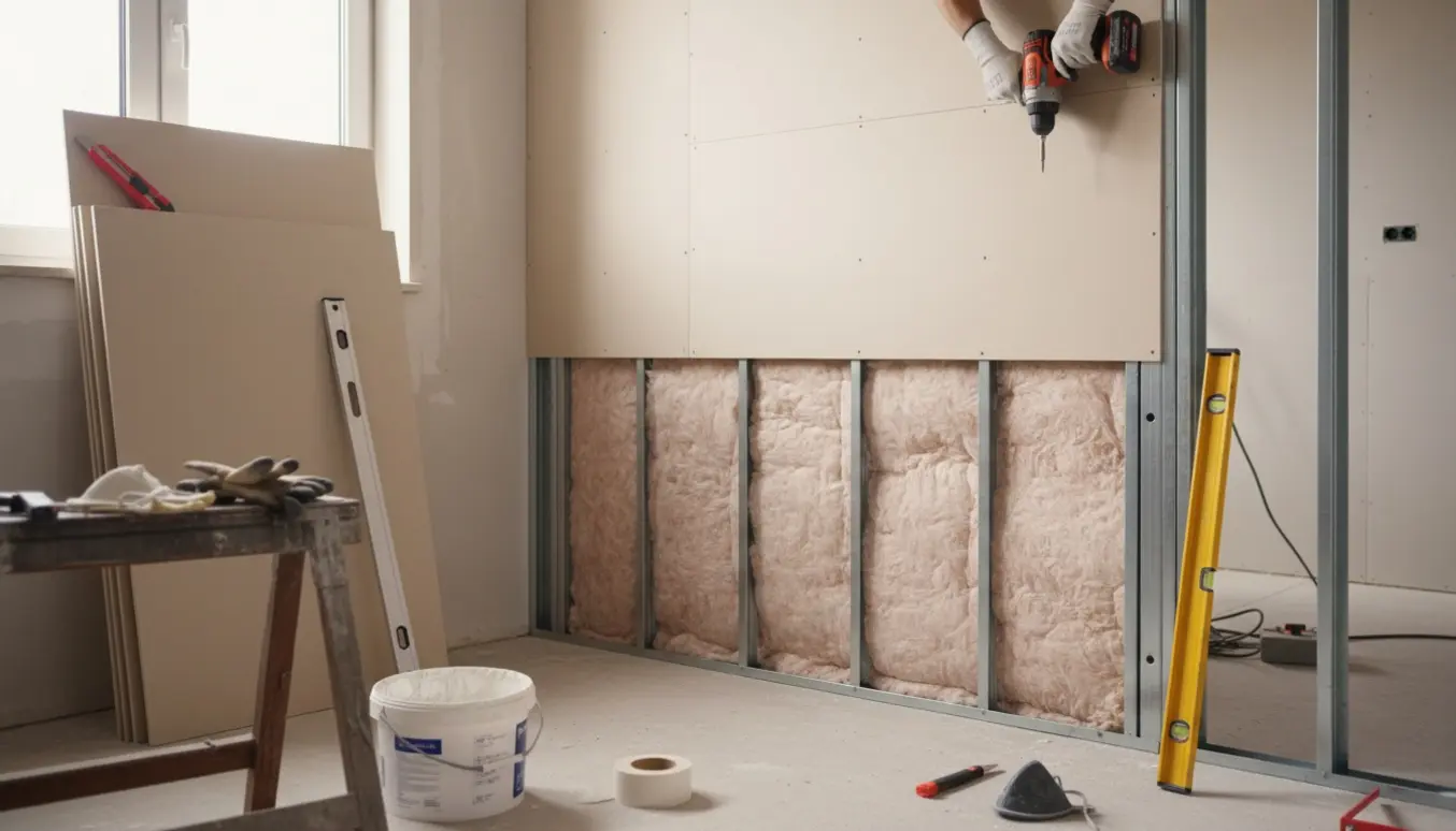 Delvist opført L-formet gipsvæg med synlig Rockwool-isolering og hænder, der monterer plader.