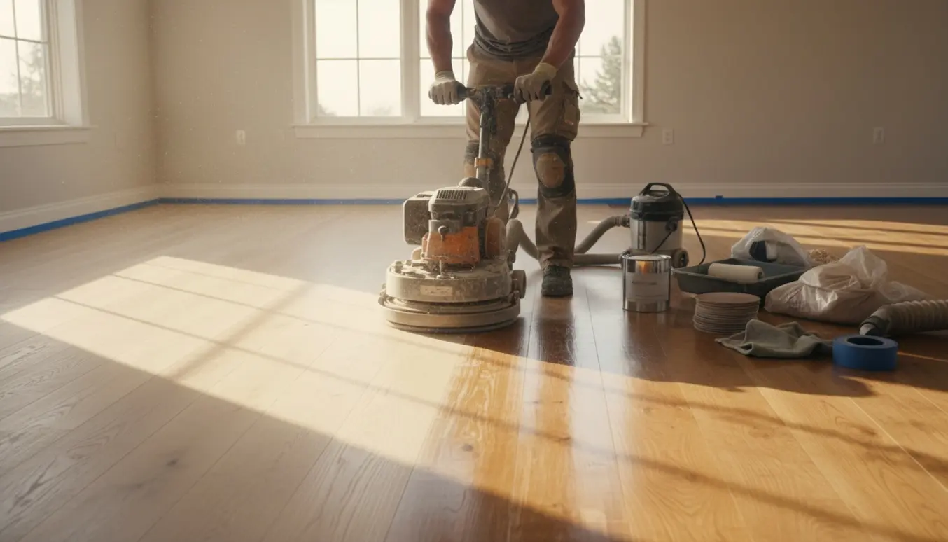 Gulv under slibning med en gulvsliber, støvpartikler i sollys og kontrast mellem slebet og færdigbehandlet træ.
