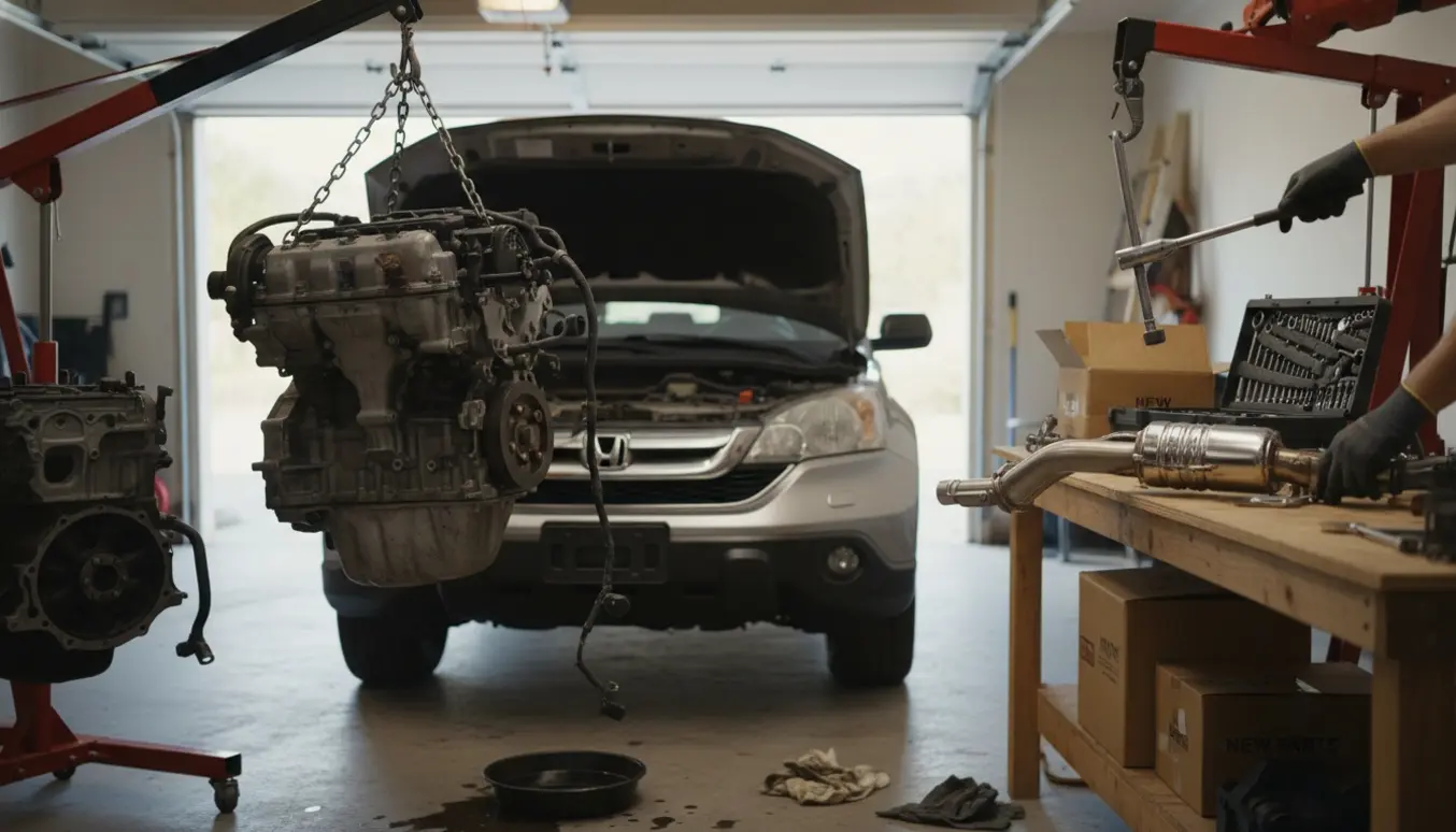 Udskiftning af motor og katalysator i en åben garage med motor hævet på en motorløfter.