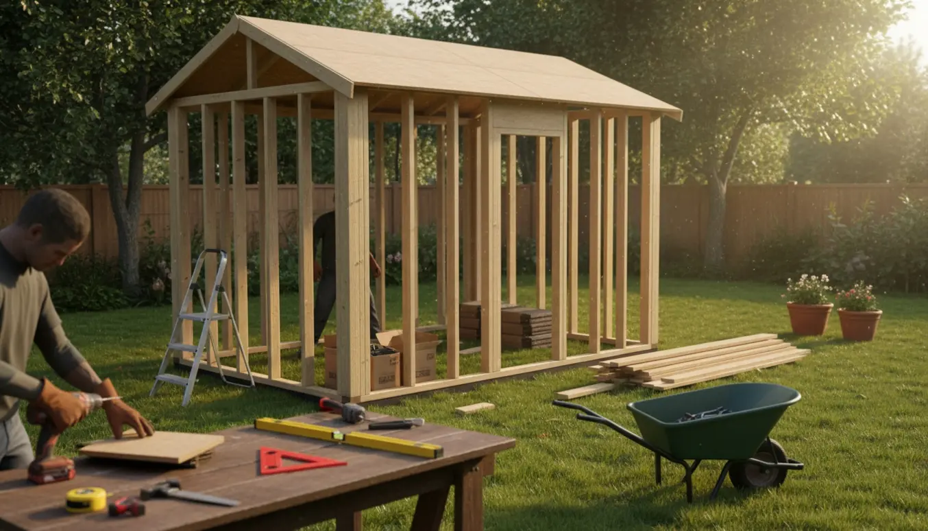 Delvist opført træskur i baghaven med materialer og værktøj, håndværkere uden synlige ansigter.
